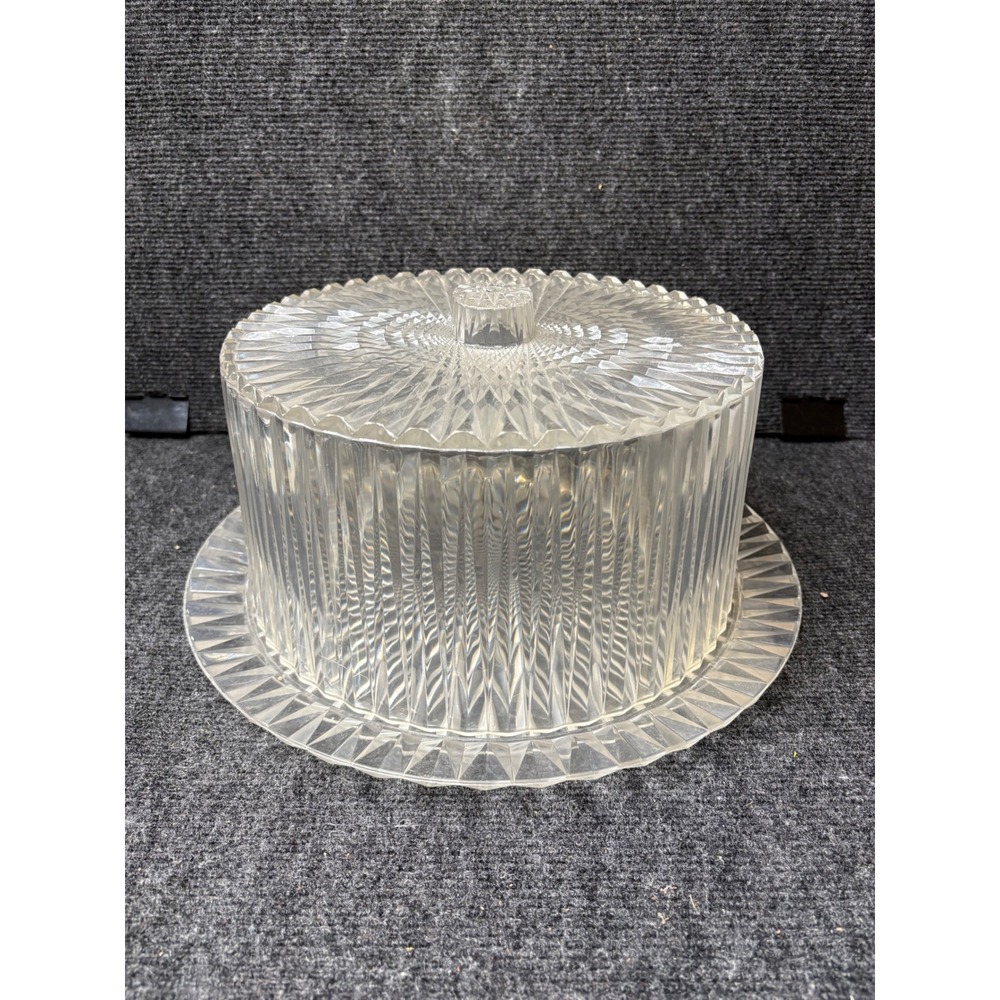 Acrylic Cake Plate with Dome Cover Mid-Century Modern Sunburst Pattern Clear 13"